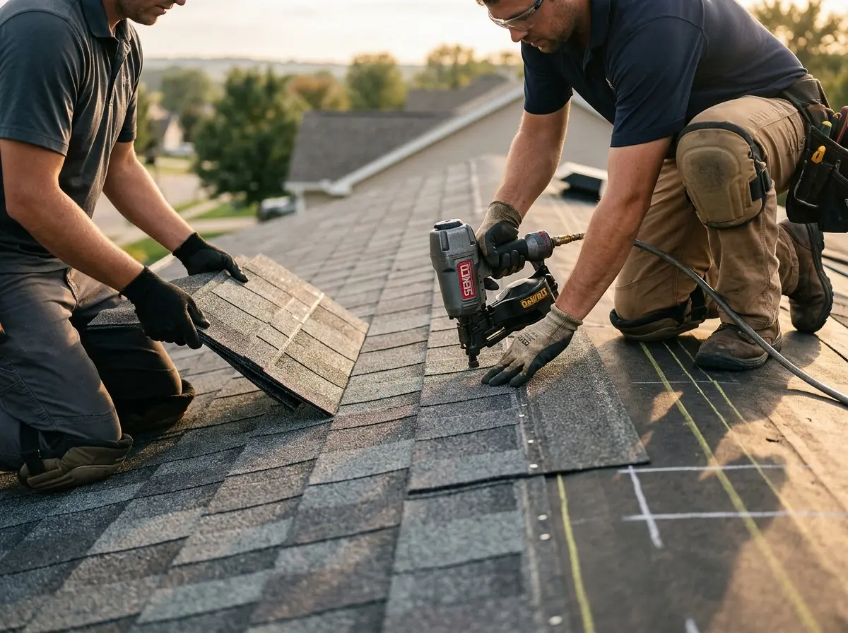 Professional roofer working on a residential roof in New Port Richey East